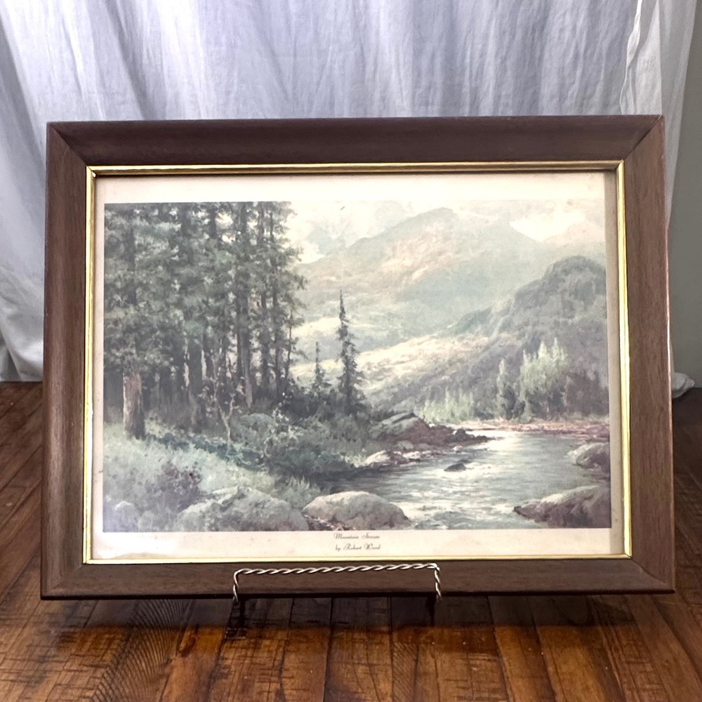 Vintage Robert Wood Framed Mountain Stream Landscape Print Lithograph Wall Art